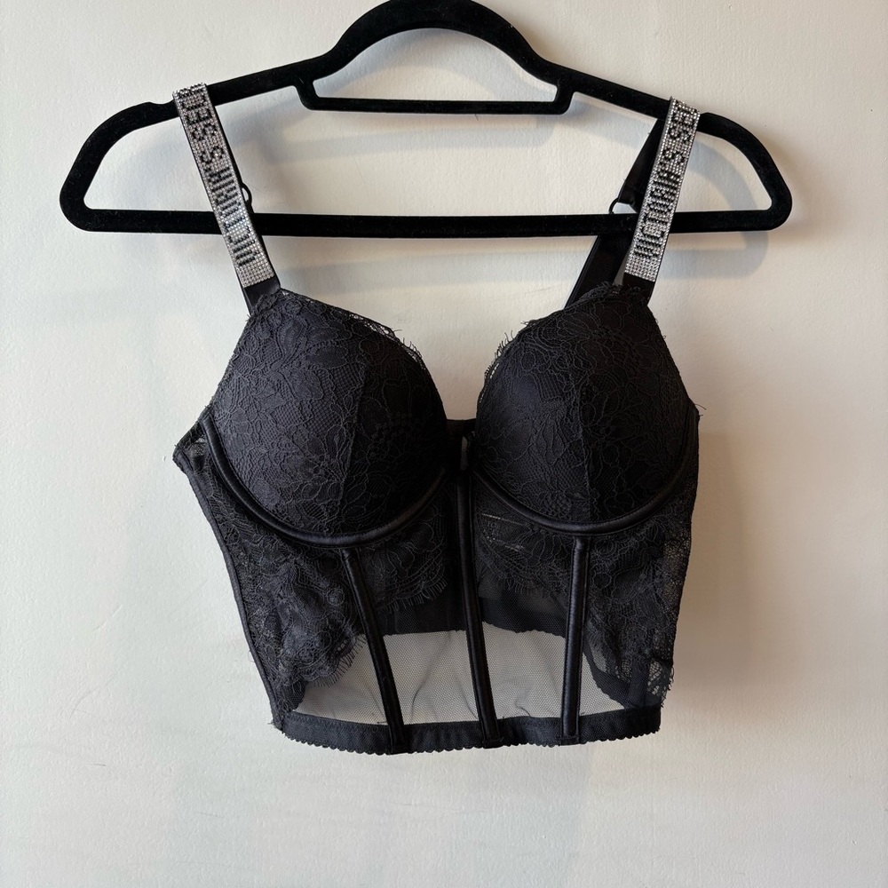 Victoria’s Secret Black Lace Bustier with Rhinestone Straps